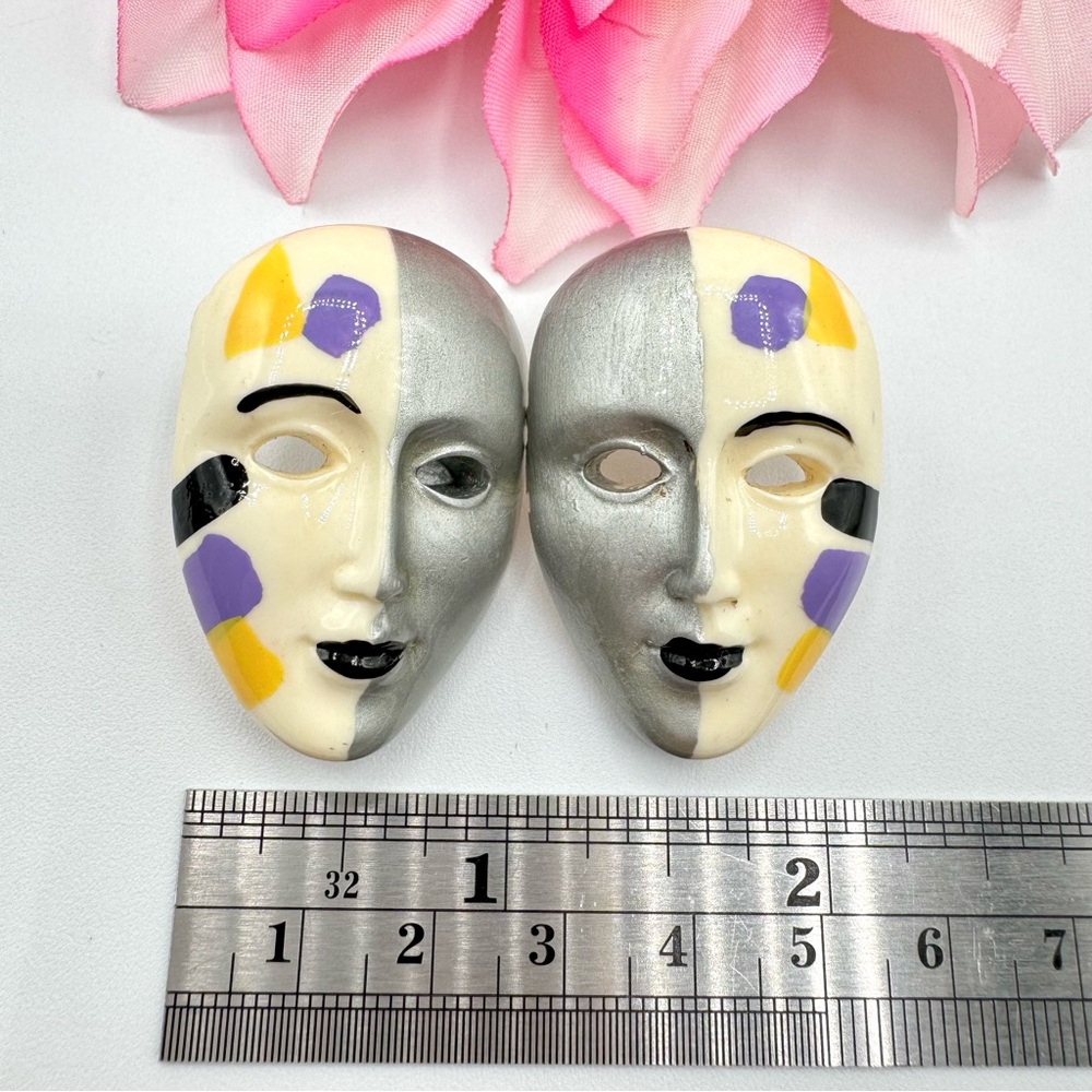Vintage Mask Split Face Doll Carnival Earrings Artsy Avant Garde Fair Festival - Picture 8 of 10